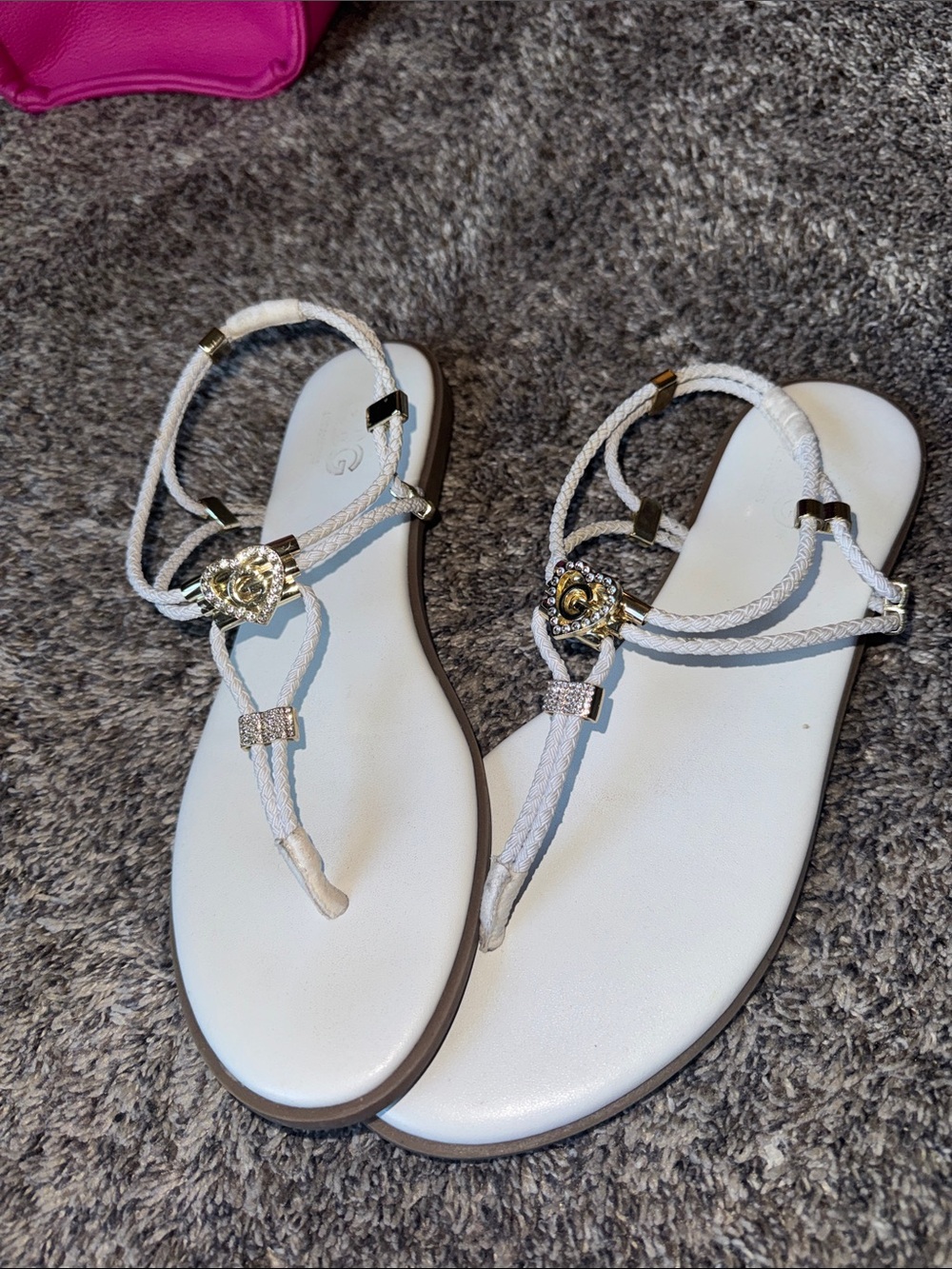 GUESS White Braided T-Strap Sandals with Gold Emblems